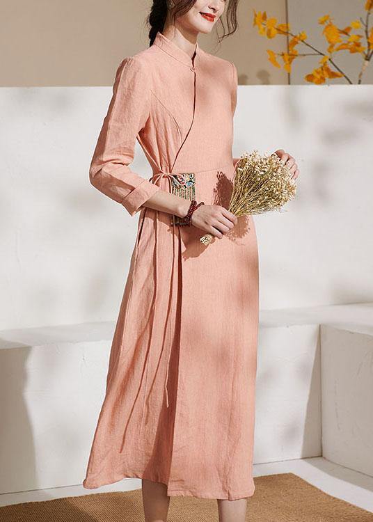 Unique Pink Embroideried Tie Waist Summer Linen Summer Dresses