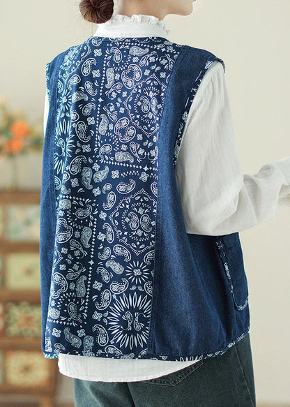 Unique Denim Blue O-neck Print Pockets Waistcoat Spring