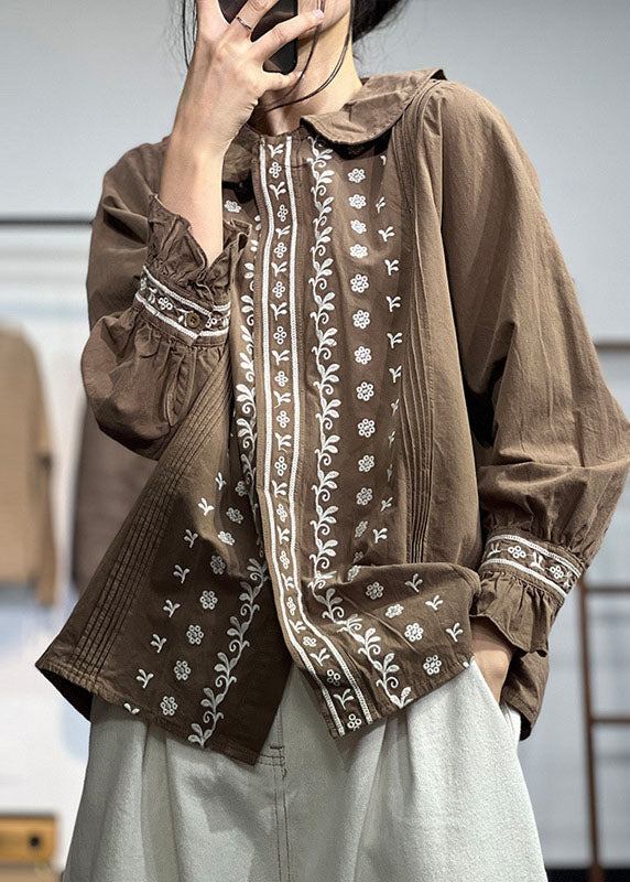 Chocolate Peter Pan Collar Embroideried Wrinkled Cotton Shirt Fall