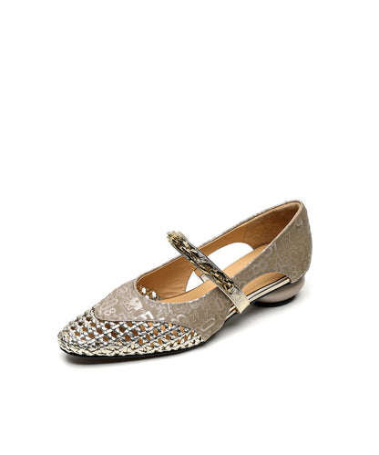 Green Cowhide Leather Splicing Hollow Out Chunky Shoes