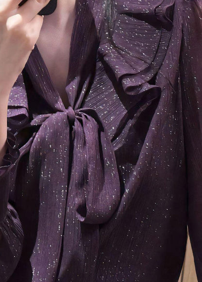 Unique Purple Bow Ruffled Shirt Fall