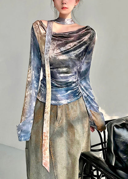 New Blue O-neck Wrinkled Silk Velour Tops Fall