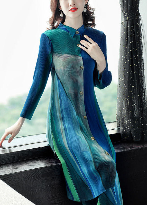 Slim Fit Blue Green Peter Pan Collar Wrinkled Gradient Color Shirt Dress and Straight Pants Two Pieces Set Fall