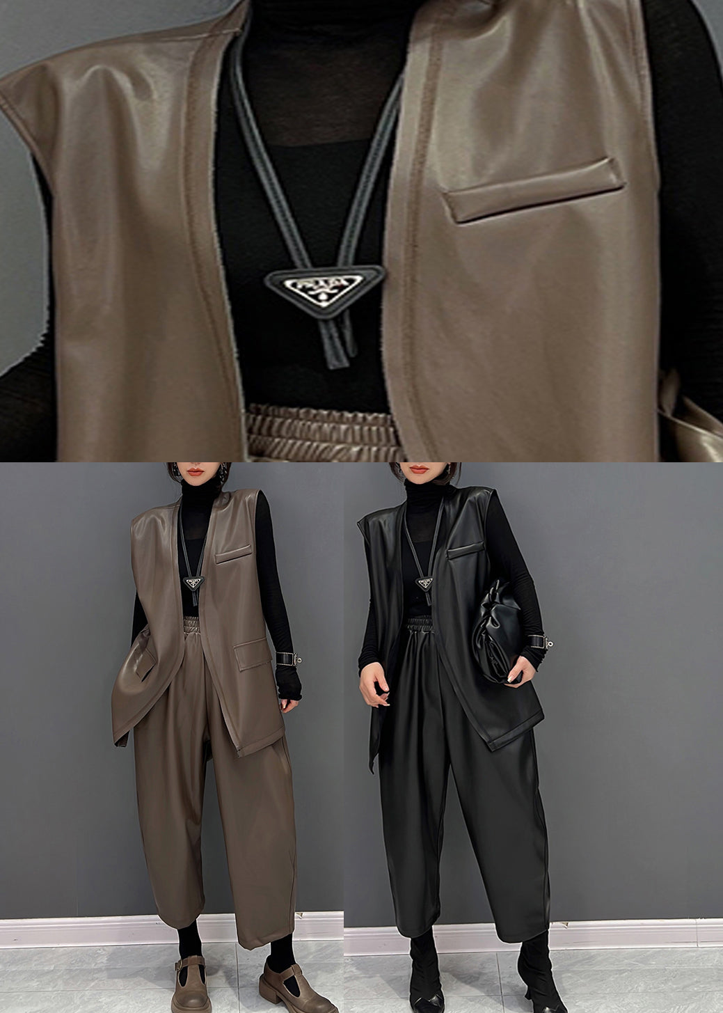 Brown V Neck Faux Leather Waistcoat and Straight Pants Two Pieces Set Fall