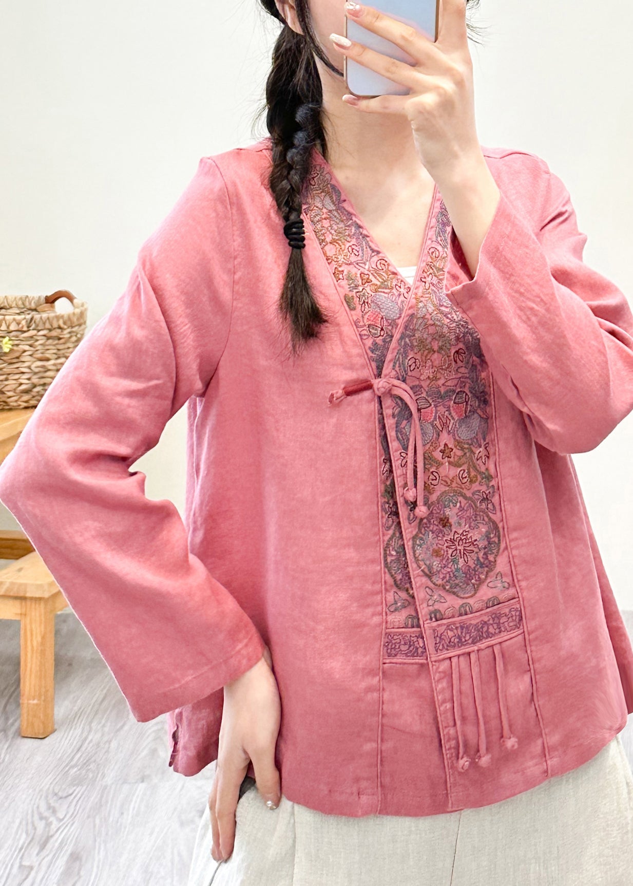 Pink V Neck Embroideried Patchwork Linen Shirts Fall