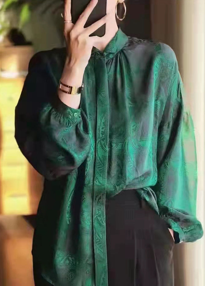 Green Stand Collar Button Jacquard Silk Blouse Tops Long Sleeve
