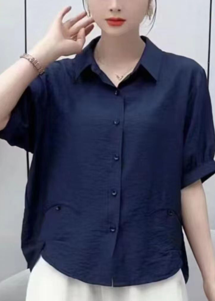 Red Peter Pan Collar Low High Design Silk Shirt Short Sleeve