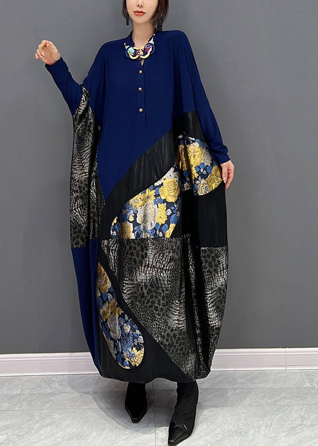 Blue O-neck Print Patchwork Button Long Dress Fall