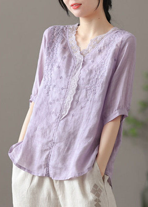 Purple V Neck Embroideried Linen Blouse Tops Half Sleeve
