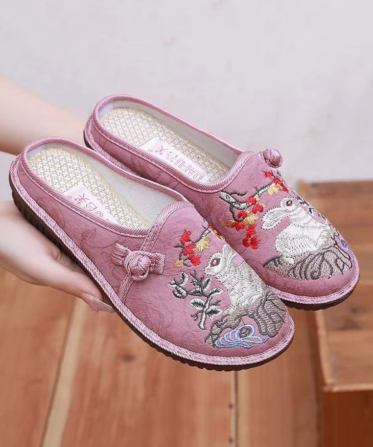 Pink Embroidery Retro Splicing Slide Sandals Soofairy Shoes-20251