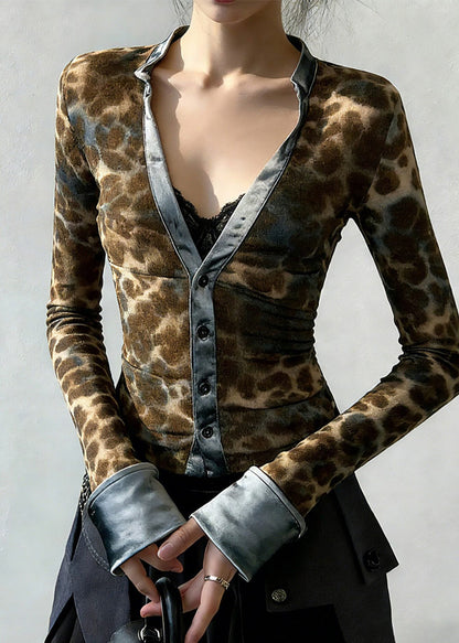 Leopard Print V Neck Patchwork Cotton Blouses Spring