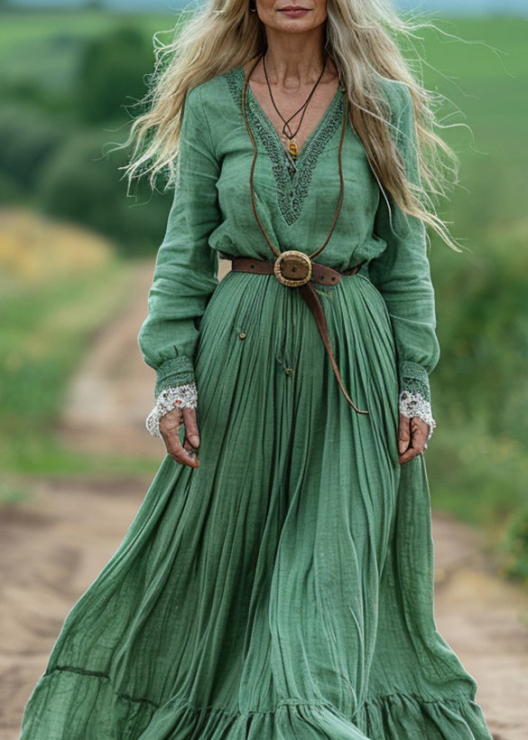 Green V Neck Wrinkled Patchwork Cotton Dresses Spring