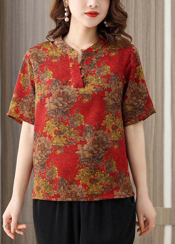 Red O-neck Print Silk Shirts Short Sleeve