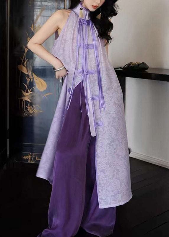 Purple Stand Collar Asymmetrical Button Tassel Maxi Dresses Summer