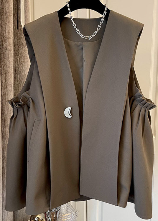 Classy Khaki Pleated Pockets Fall Sleeveless Waistcoat