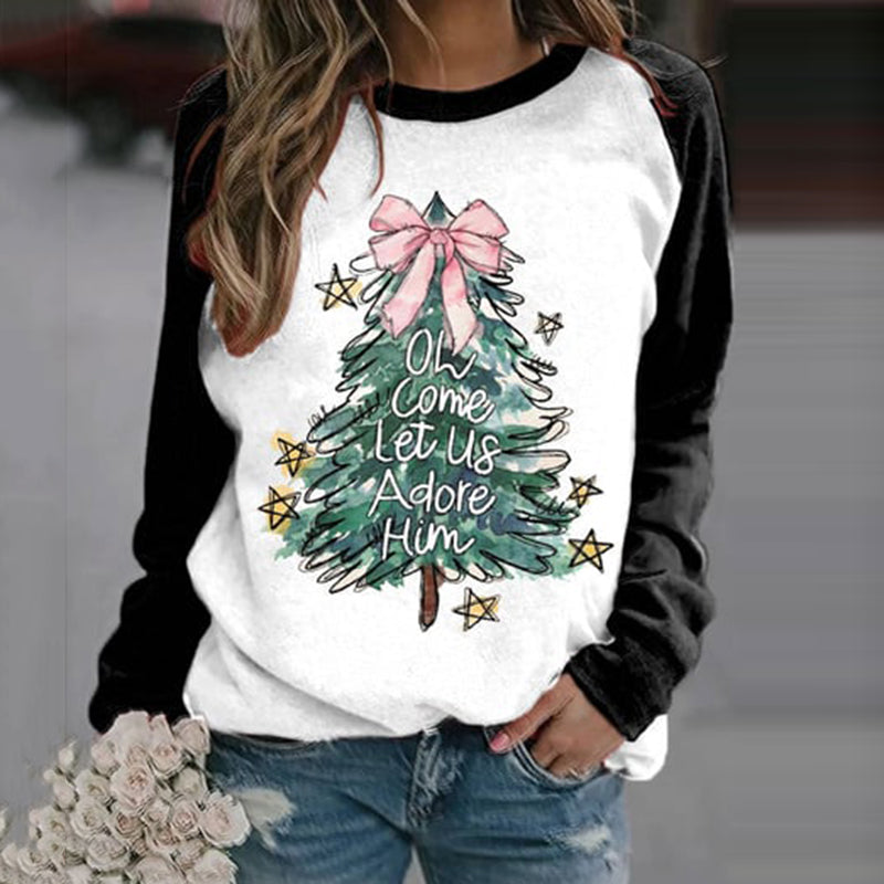 Comstylish Christmas Tree Print Crew Neck Casual Sweatshirt
