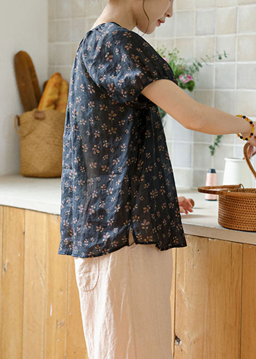 Italian Navy O-neck Button Print Linen T Shirt Summer