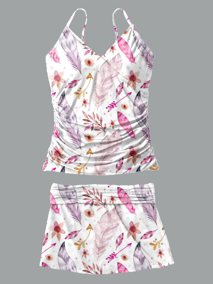 V-Neck Vintage Flowers Print Suspender Skirt Tankini Pantskirt Set Swimsuit