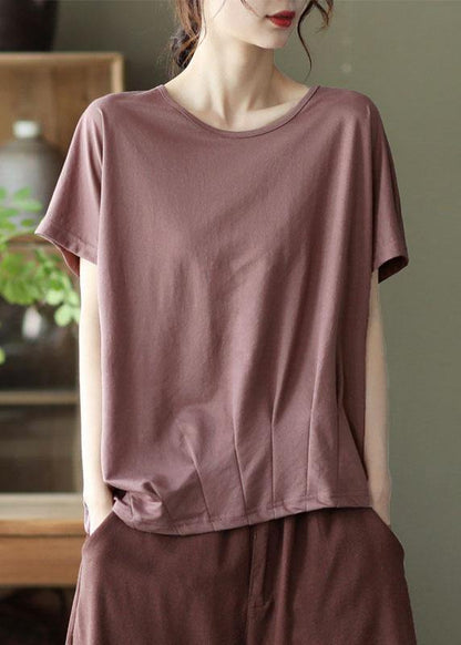 Brick Red Asymmetrical Design O-neck Patchwork Summer Cotton Shirts