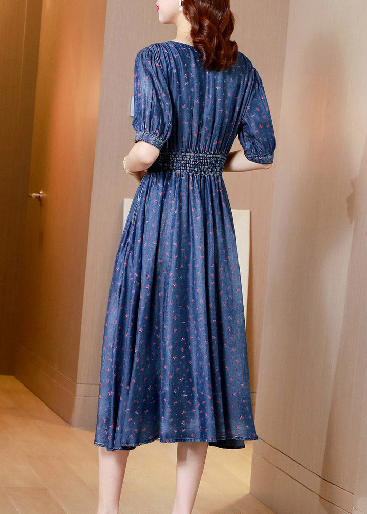 V Neck Print Tunic Silk Denim Long Dress Short Sleeve Summer