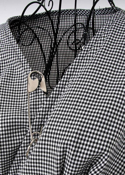 Plaid V Neck Asymmetrical Designlong Sleeve Dress + Black Straight Skirt Two Pieces Set