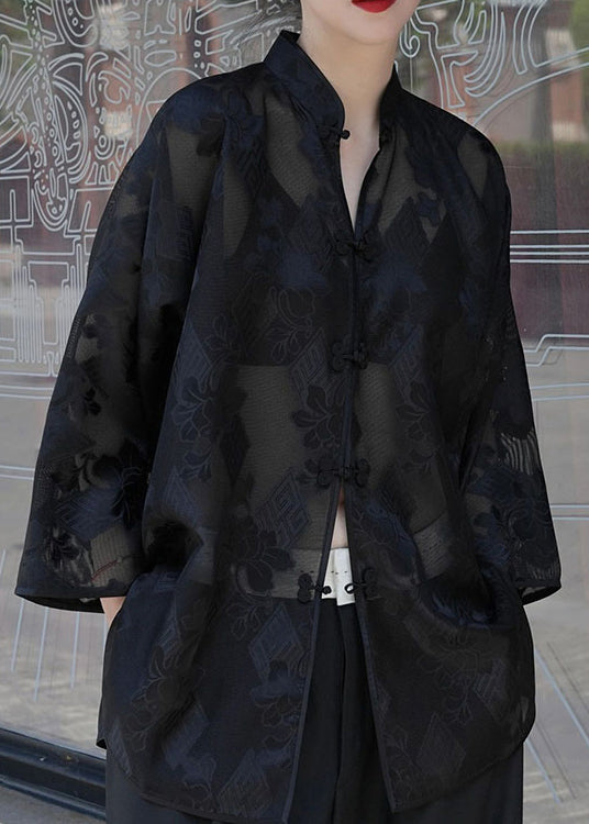 Black Chinese Button Jacquard Patchwork Silk Shirt Tops Fall