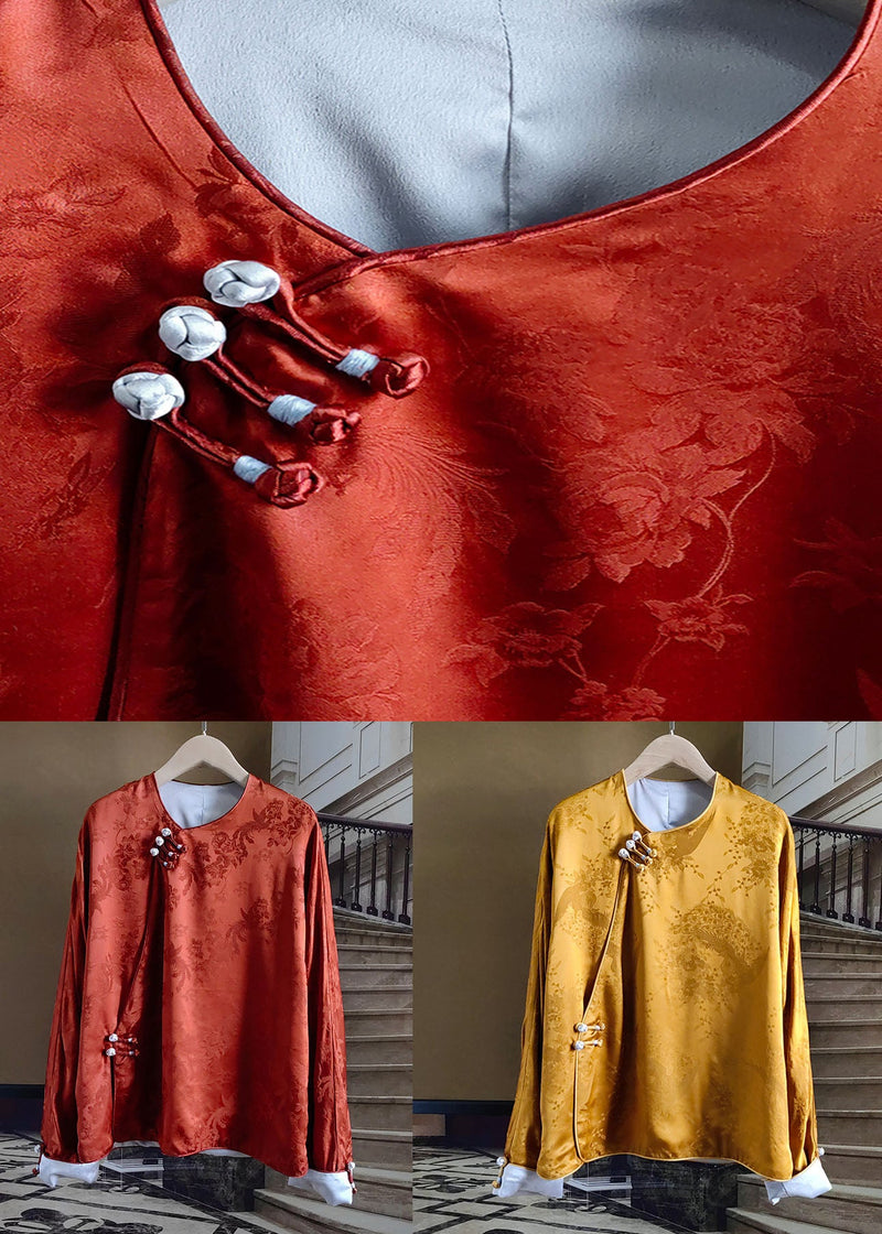 Yellow Button Jacquard Patchwork Silk Shirt O Neck Long Sleeve Fall