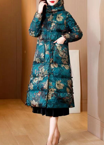 Green Print Pockets Chinese Button Cotton Blend Puffers Coat Winter
