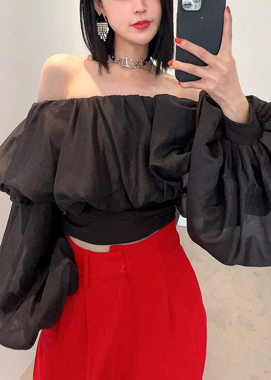 Black Cold Shoulder Wrinkled Chiffon Blouses Spring