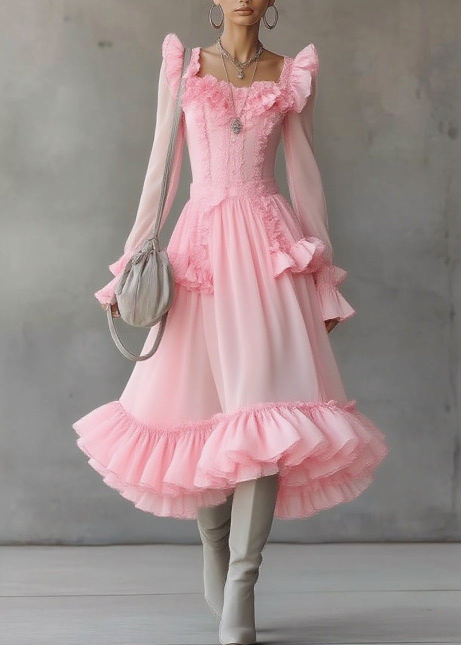 Pink Square Collar Ruffled Patchwork Tulle Maxi Dress Lantern Sleeve