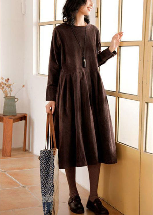 French Blue Corduroy Dress Pockets Button Patchwork Fall Dresses