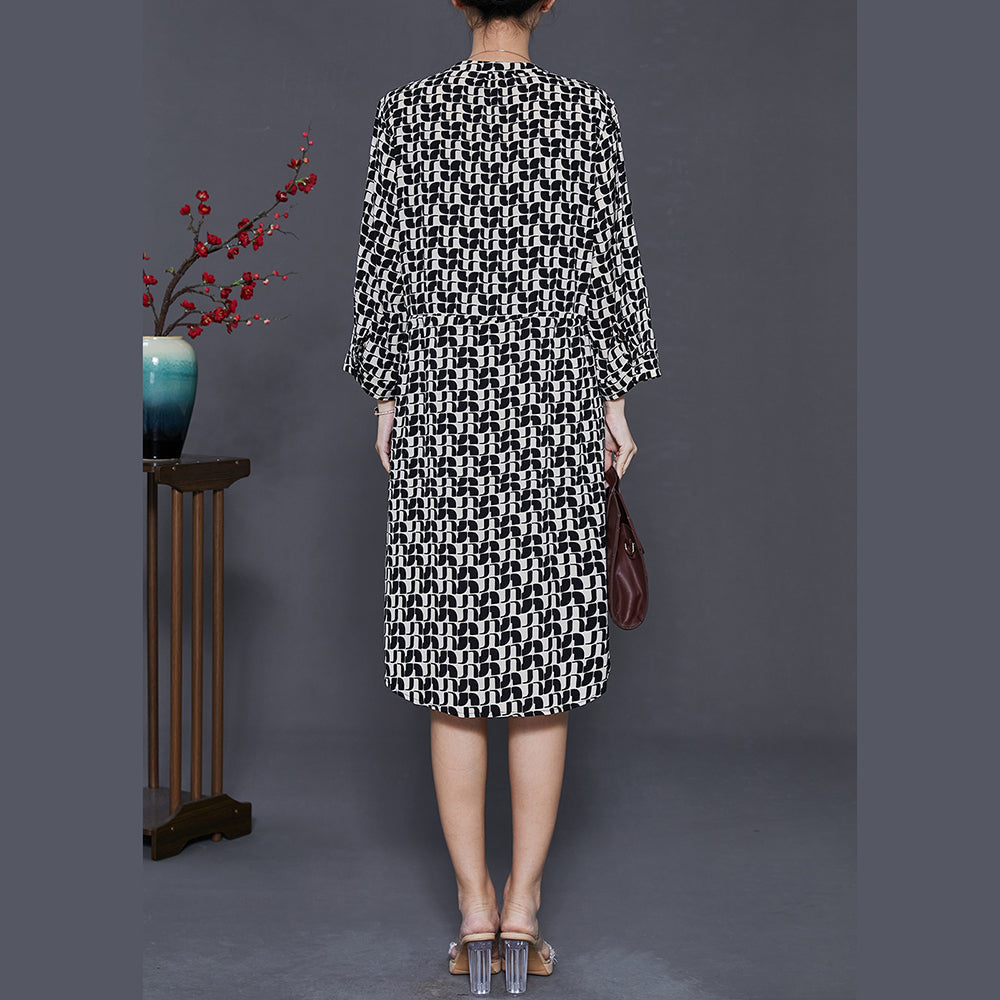 Black Cinched Print Silk Mid Dress Summer
