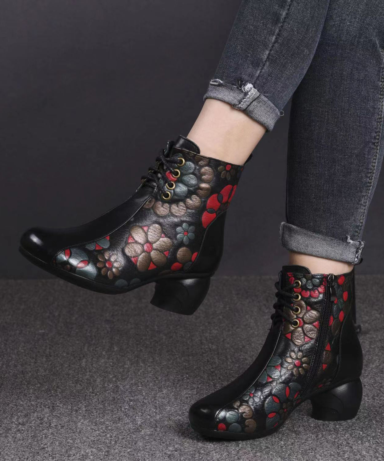 Black Boots Chunky Cowhide Leather Embossed Splicing