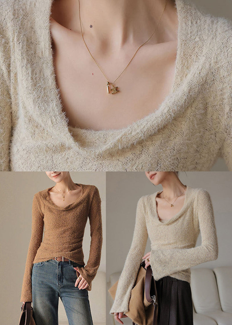 French Khaki Draped Neck Top Spring