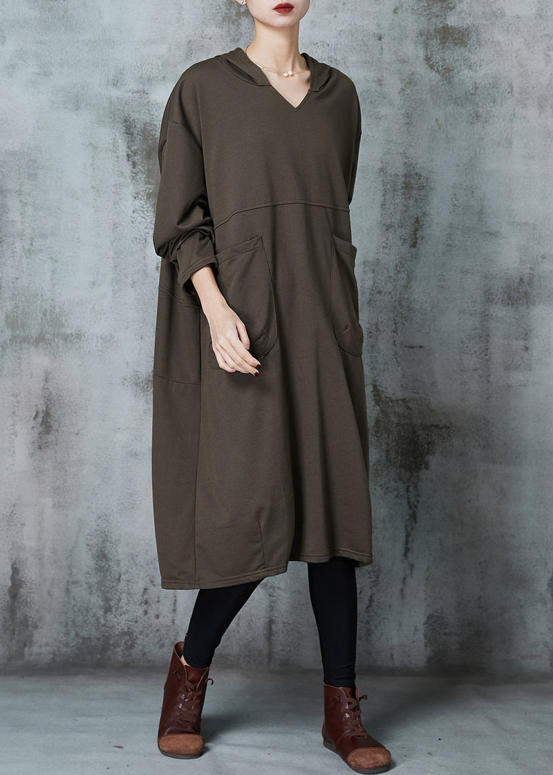 Army Green Hooded Pockets Cotton Dress Spring