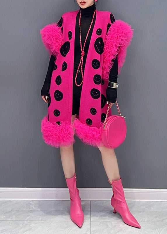 Rose Dot Print Tulle Patchwork Knit Waistcoat Sleeveless