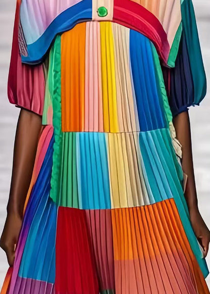Colorblock Peter Pan Collar Patchwork Wrinkled Chiffon Beach Dress Summer