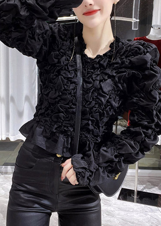 Art Khaki O-neck Wrinkled Chiffon Tops Long Sleeve