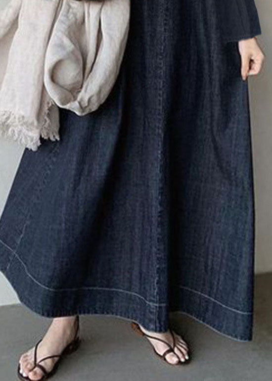Navy V Neck Patchwork Loose Waist Cotton Dress Spring