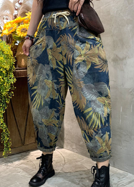 Blue Cinched Print Patchwork Denim Pants Spring