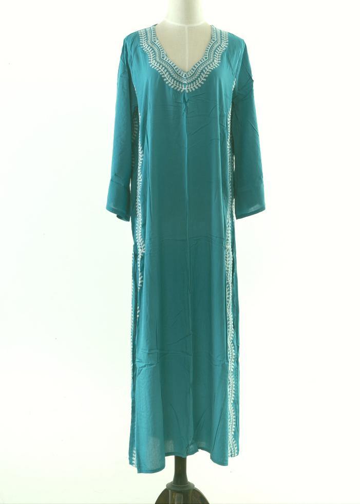 Italian Green Embroideried Long Sleeve Cotton Dress Beach Gown Summer