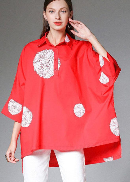 Classy Red Bat Wing Sleeve Dot Low High Design Fall Cotton Shirt Tops