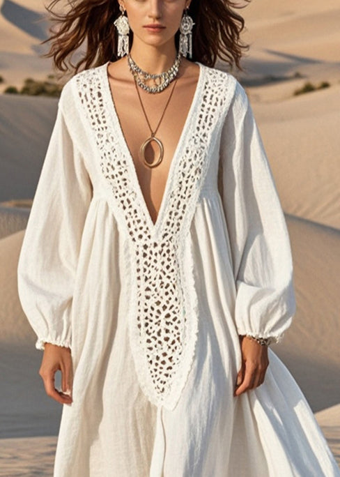 Unique White Oversized Hollow Out Cotton Maxi Dress Spring