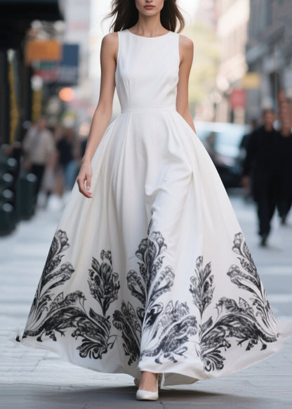 White Print Exra Large Hem Chiffon Party Dresses Summer