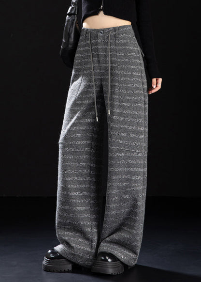 Grey Pockets Striped Woolen Wide Leg Pants Spring