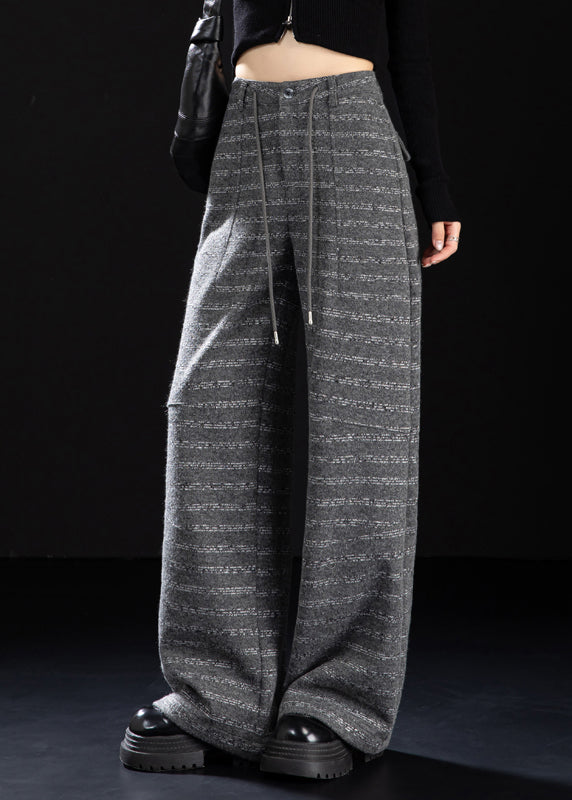 Grey Pockets Striped Woolen Wide Leg Pants Spring