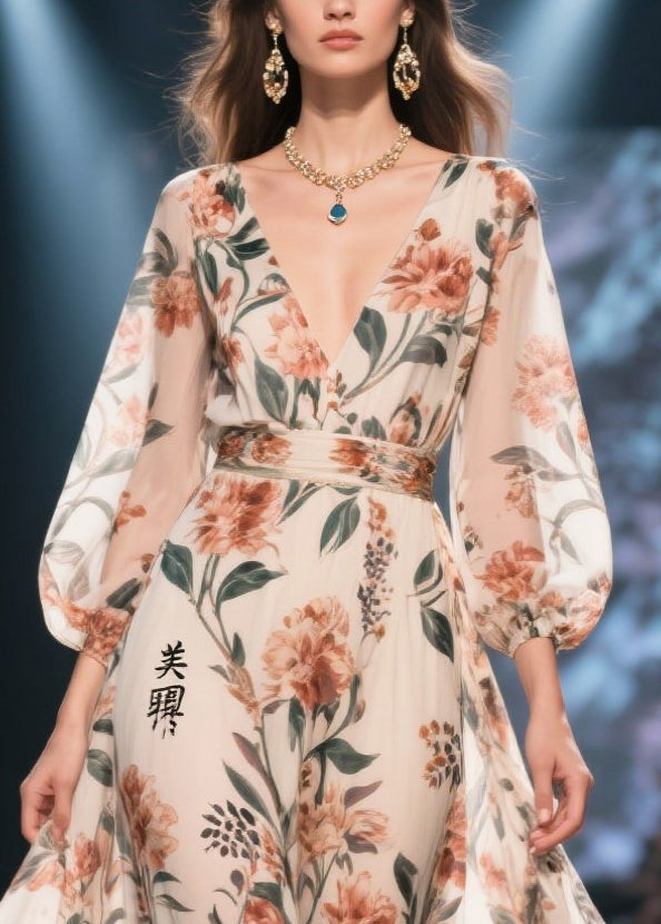 Apricot Print Chiffon Long Dress Exra Large Hem Summer
