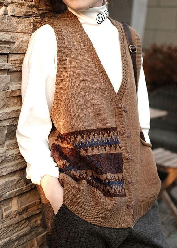 Chocolate V Neck Button Fall Pockets Sleeveless Waistcoat