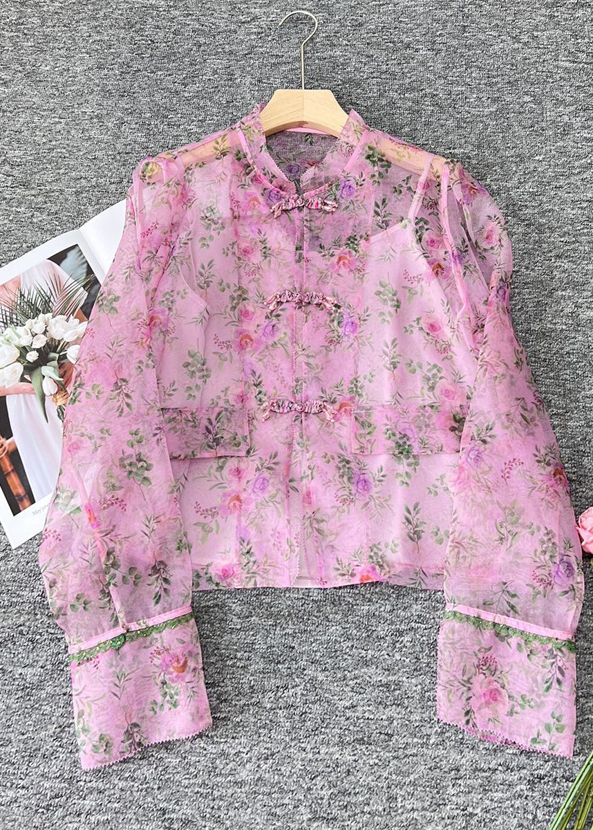 Pink O-neck Print Patchwork Organza Shirts Long Sleeve