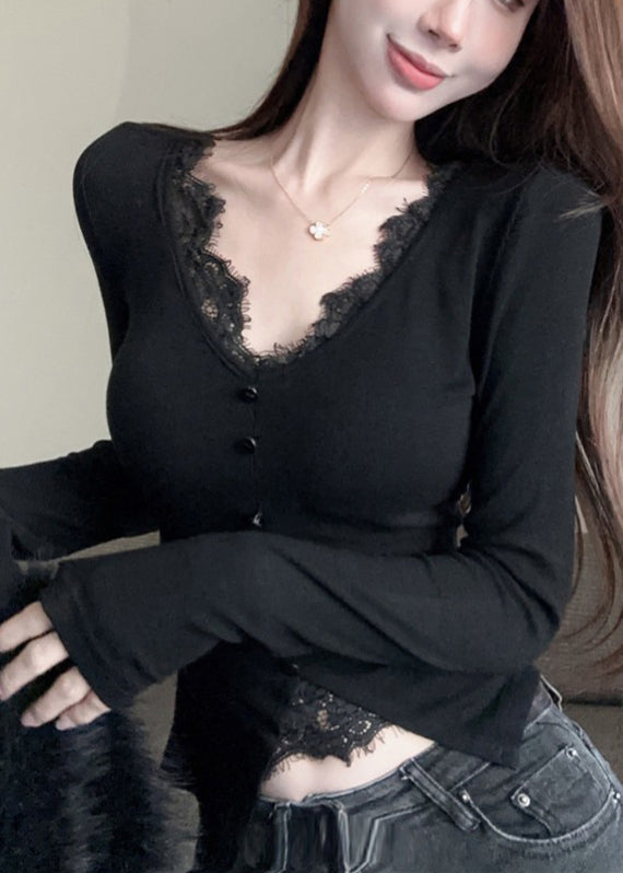 Black V Neck Patchwork Cotton Shirts Spring